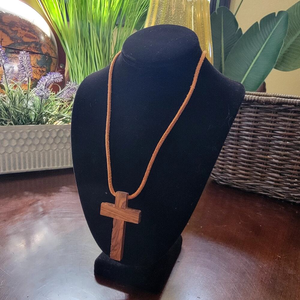 Rustic Vintage Wooden Cross Necklace with Leather Cord & Christian Style Pendant